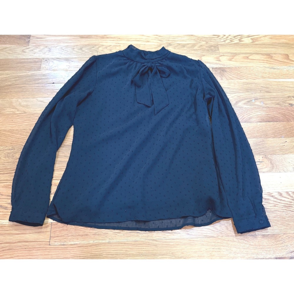 Aconiya Black Swiss Dot Tie Neck Chiffon Blouse Long Sleeve Mock Neck M